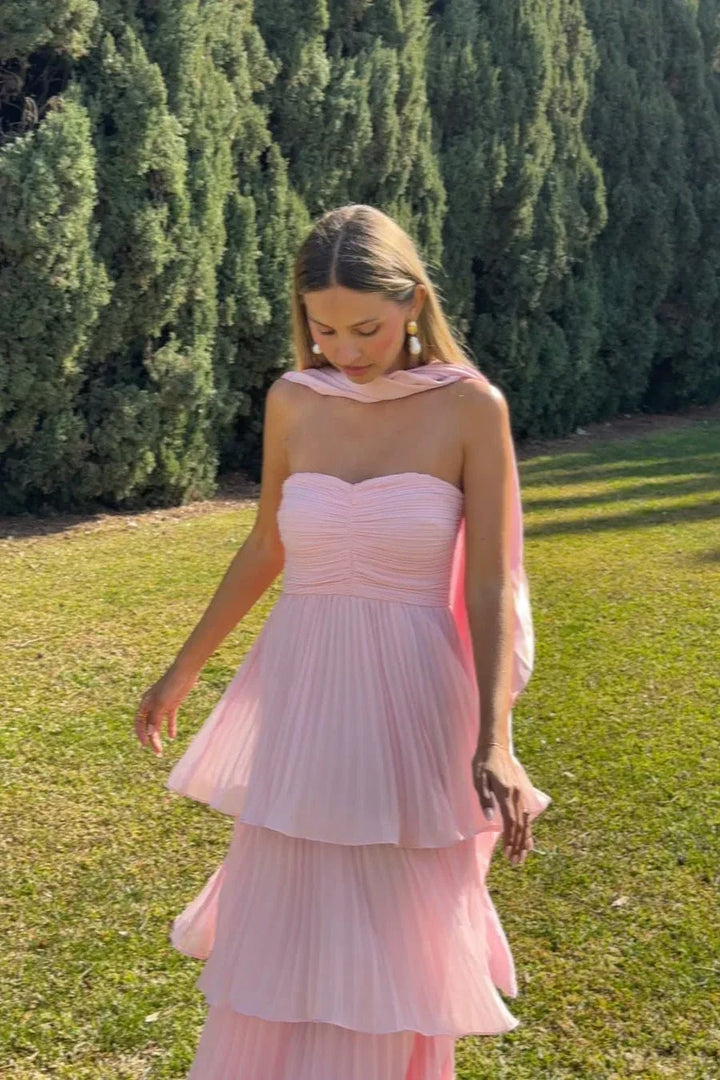 Vestido Maxi rosa sin tirantes con volantes para mujeres