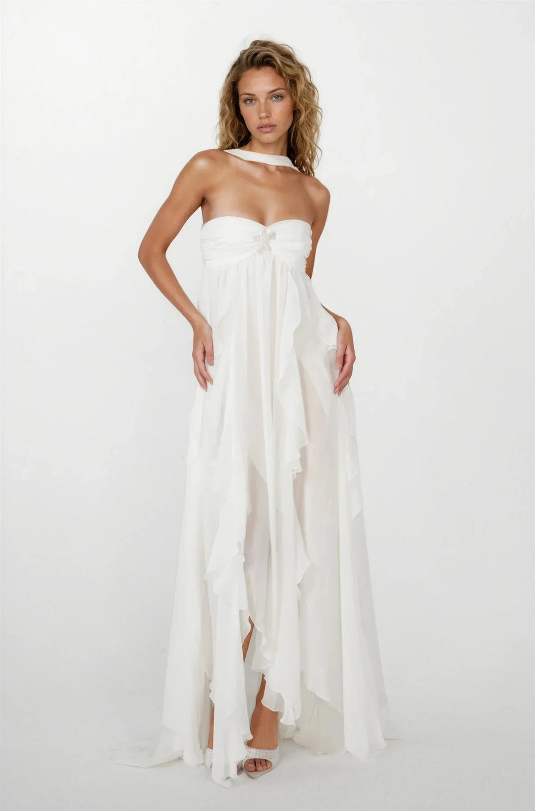 Vestido maxi rosa con volantes para mujer