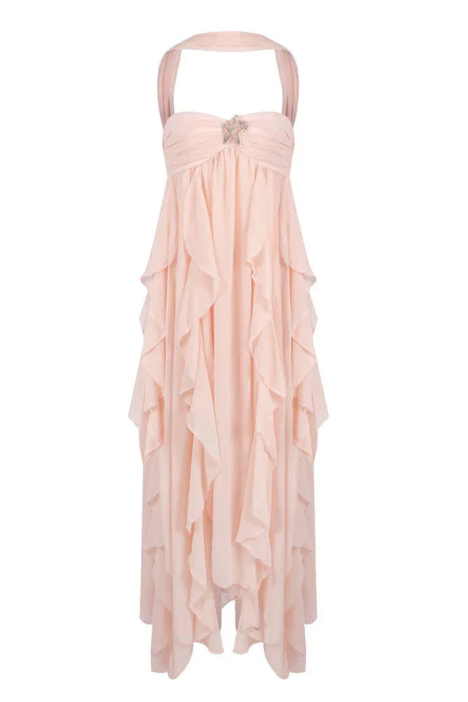 Vestido maxi rosa con volantes para mujer