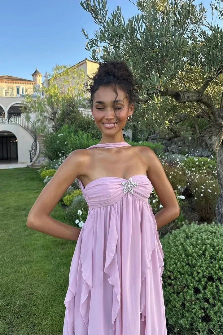 Vestido maxi rosa con volantes para mujer