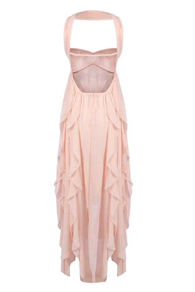 Vestido maxi rosa con volantes para mujer