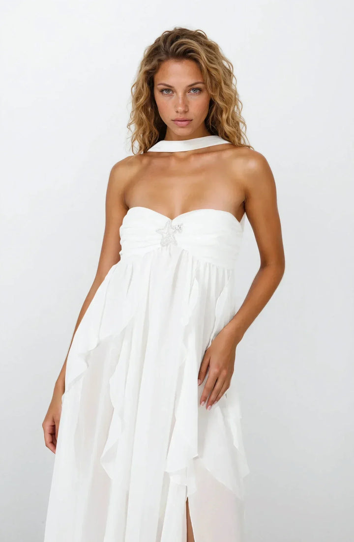 Vestido maxi rosa con volantes para mujer