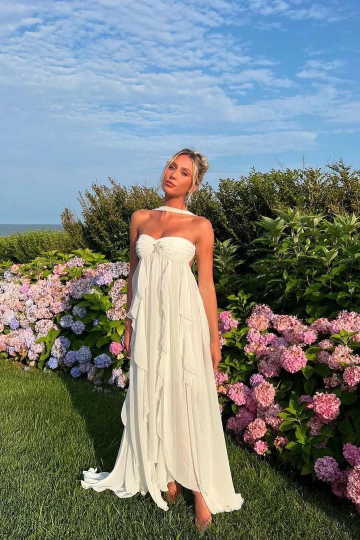 Vestido maxi rosa con volantes para mujer