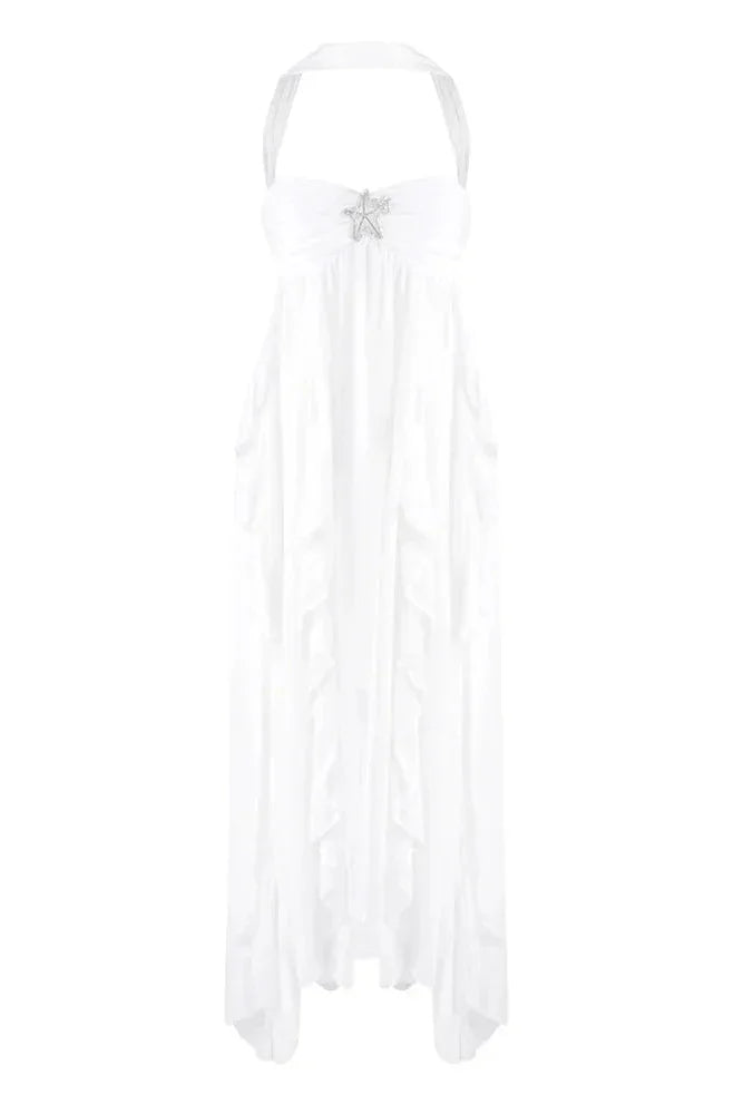 Vestido maxi rosa con volantes para mujer