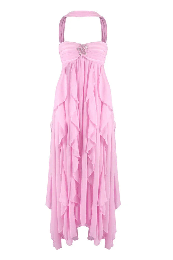 Vestido maxi rosa con volantes para mujer