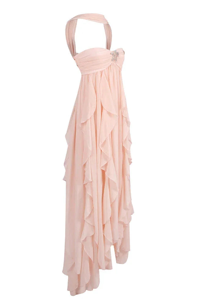 Vestido maxi rosa con volantes para mujer
