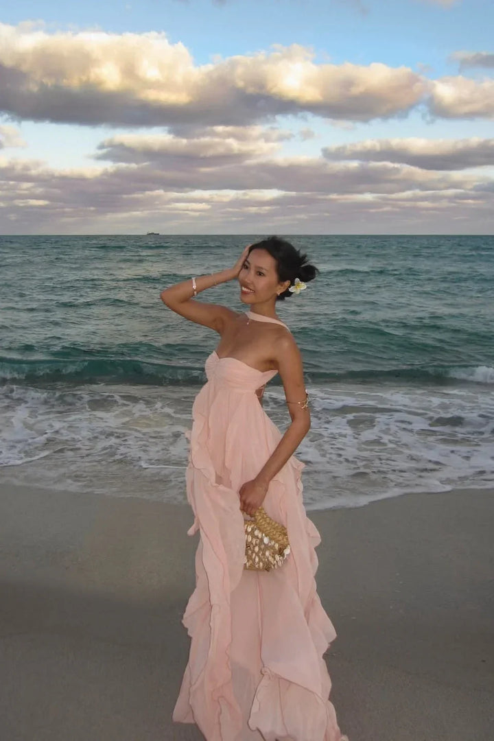 Vestido maxi rosa con volantes para mujer