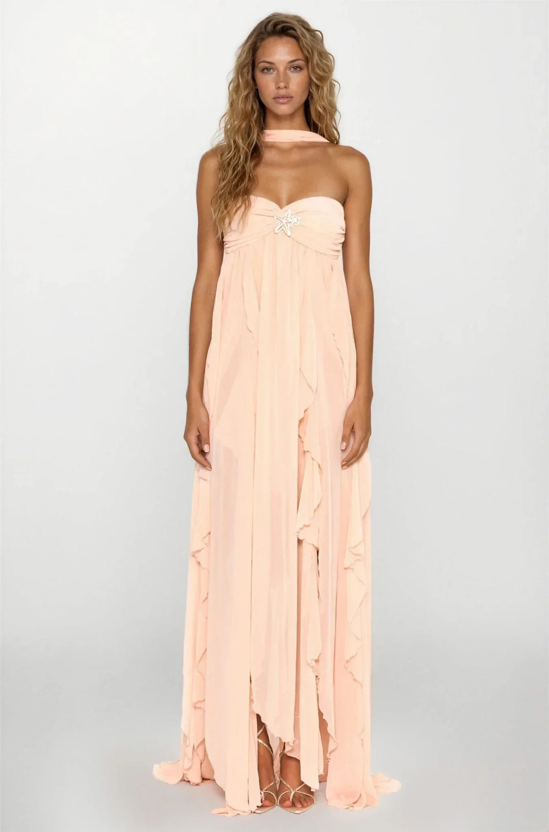 Vestido maxi rosa con volantes para mujer