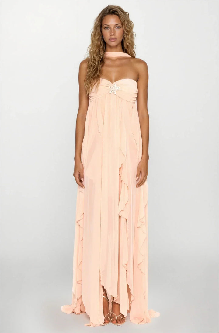 Vestido maxi rosa con volantes para mujer