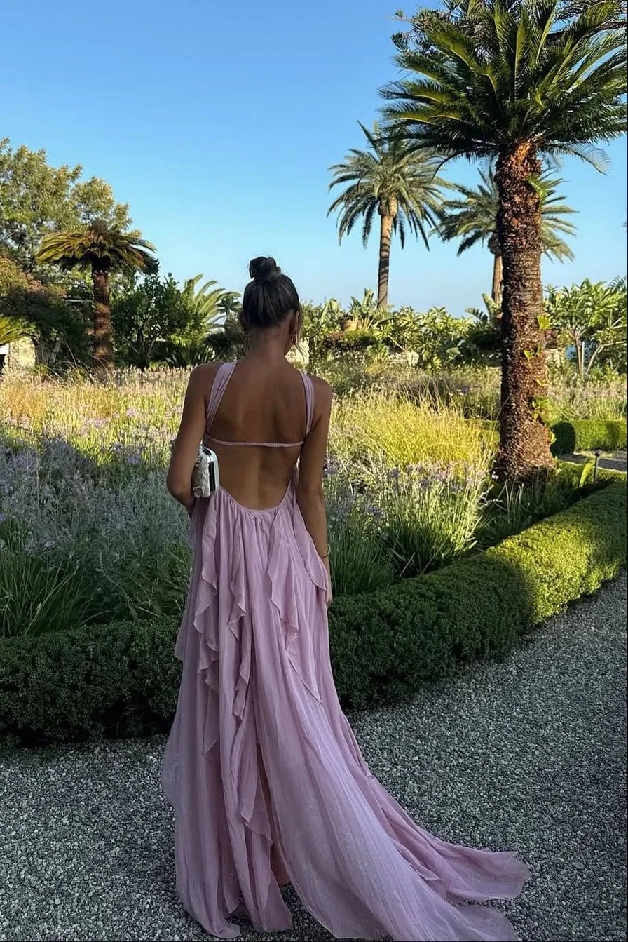 Vestido maxi rosa con volantes para mujer
