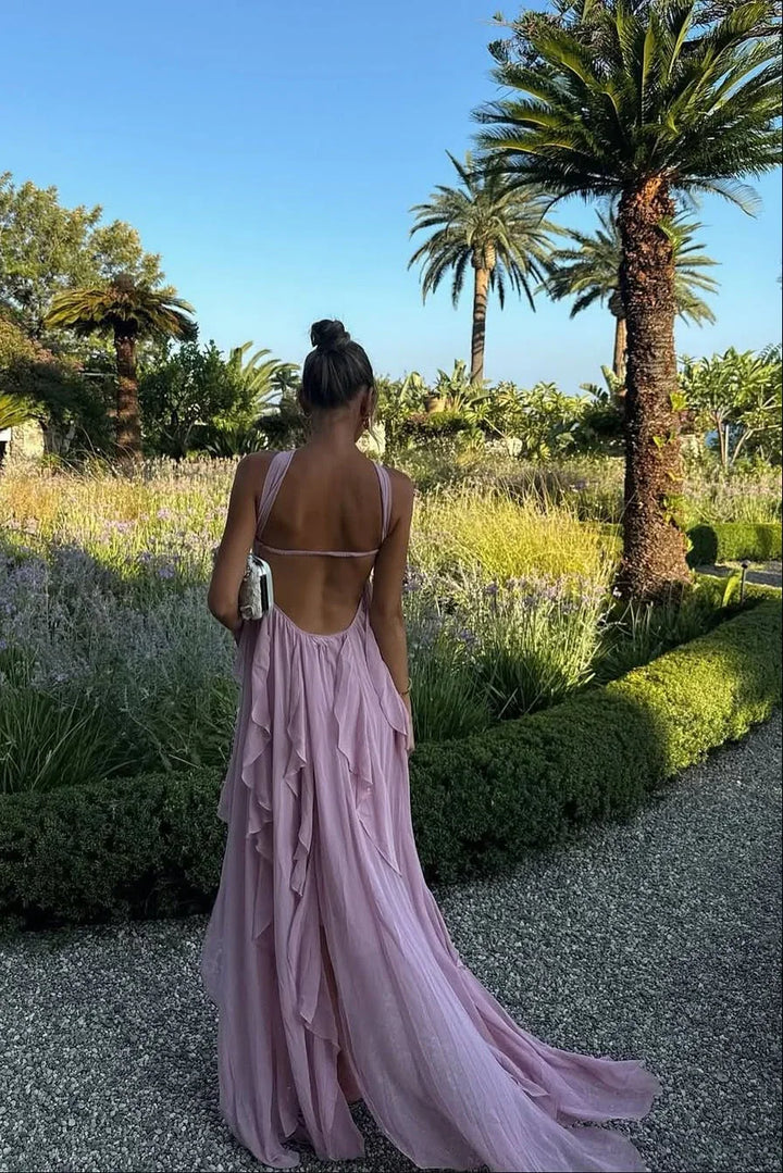 Vestido maxi rosa con volantes para mujer