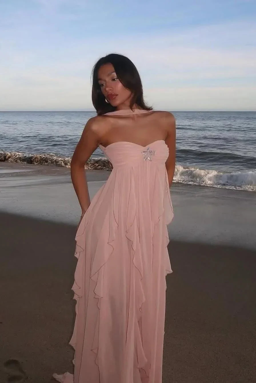 Vestido maxi rosa con volantes para mujer