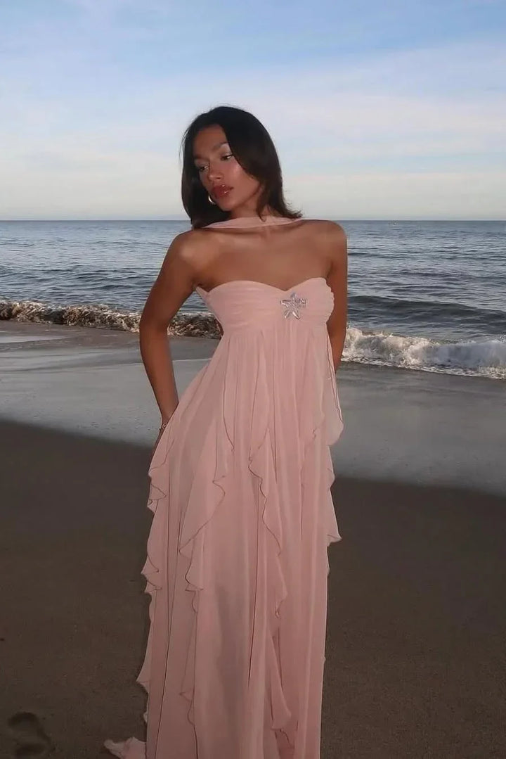 Vestido maxi rosa con volantes para mujer