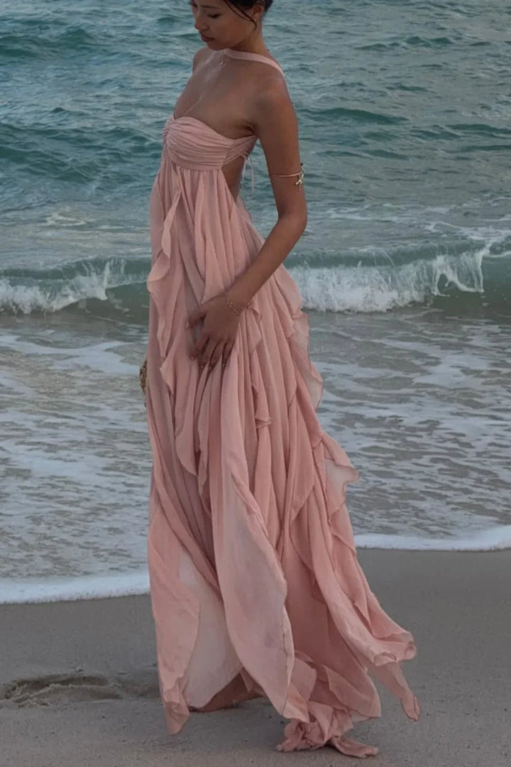 Vestido maxi rosa con volantes para mujer