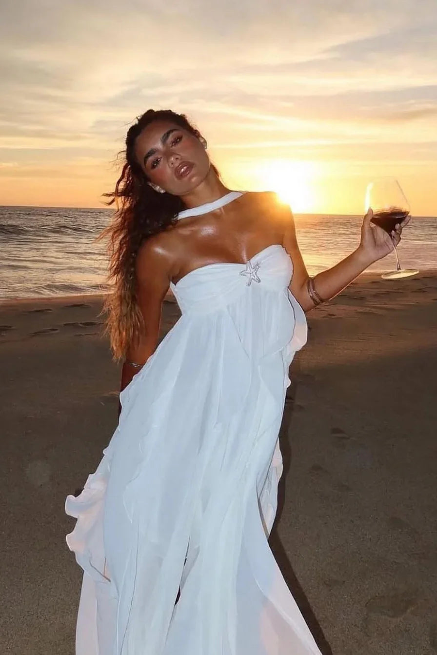 Vestido maxi rosa con volantes para mujer