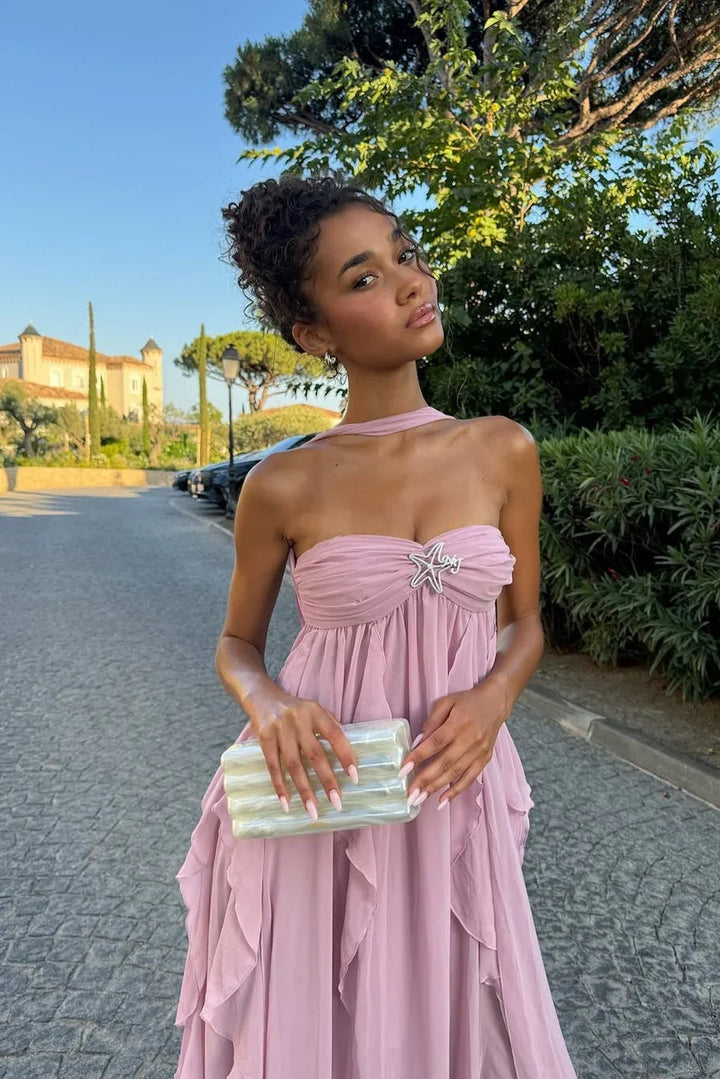 Vestido maxi rosa con volantes para mujer