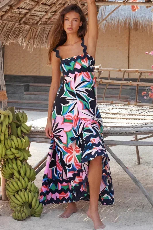 Vestido maxi sin mangas para mujer con borde ondulado