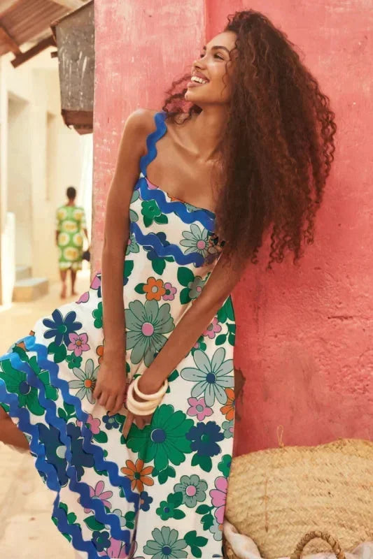 Vestido maxi sin mangas para mujer con borde ondulado