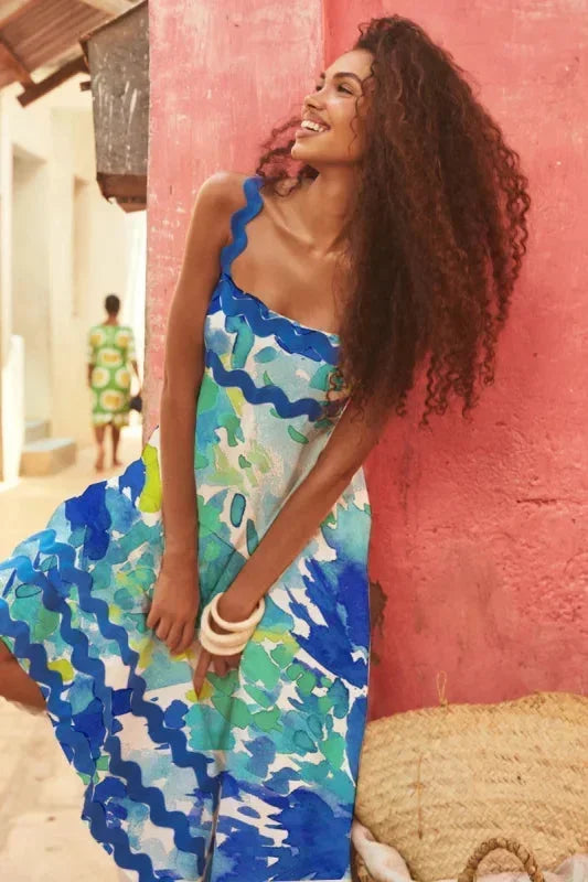Vestido maxi sin mangas para mujer con borde ondulado