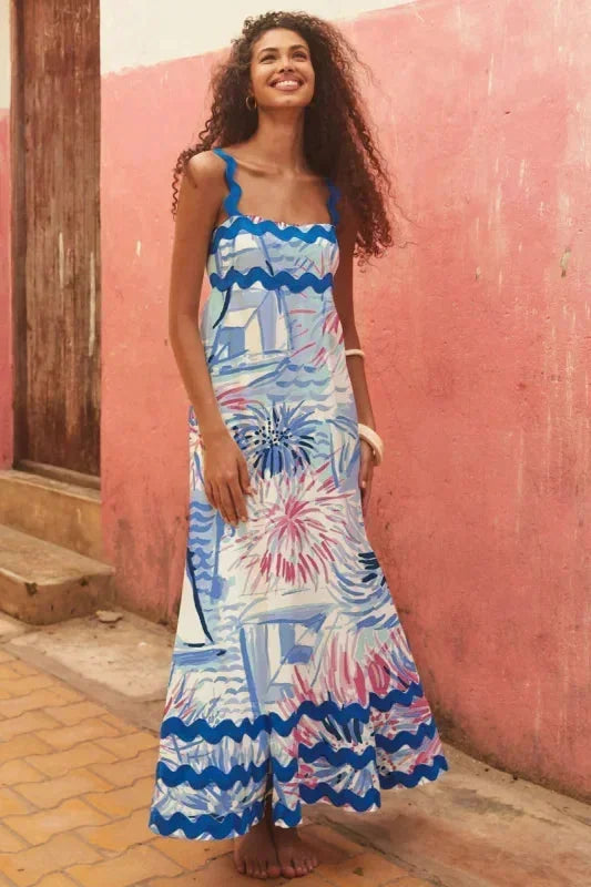 Vestido maxi sin mangas para mujer con borde ondulado