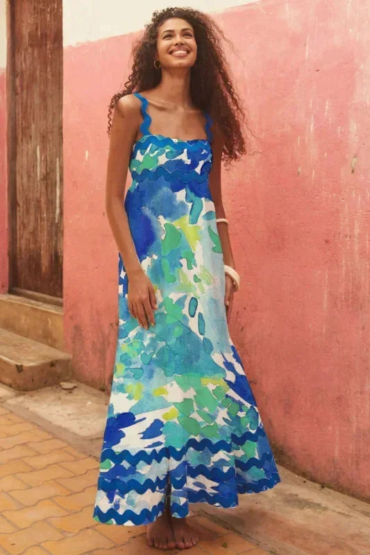 Vestido maxi sin mangas para mujer con borde ondulado