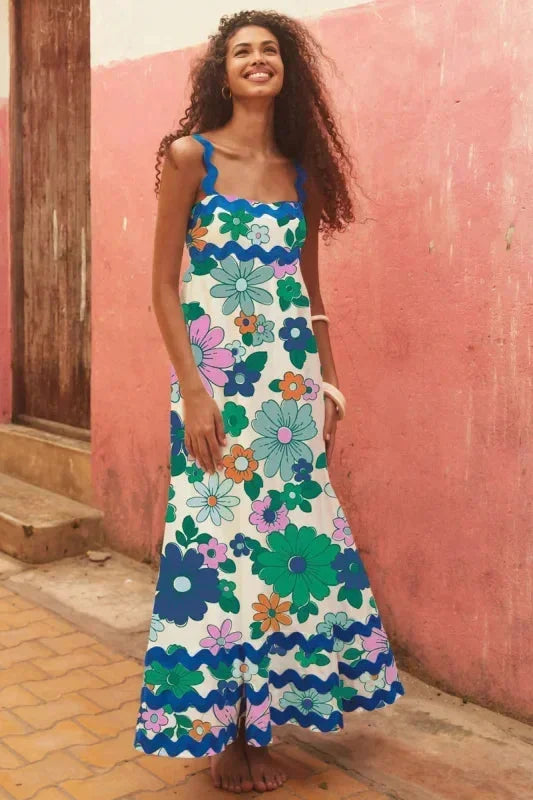 Vestido maxi sin mangas para mujer con borde ondulado