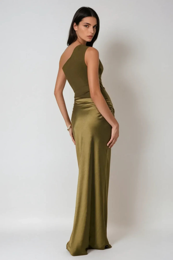 Vestido largo asimétrico de satén para mujer