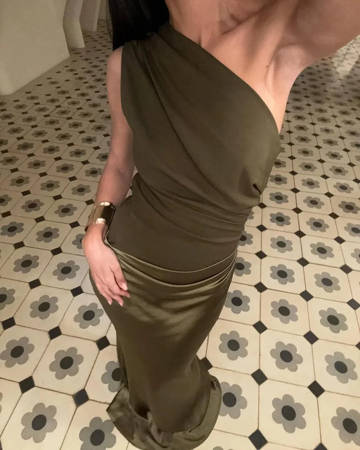 Vestido largo asimétrico de satén para mujer