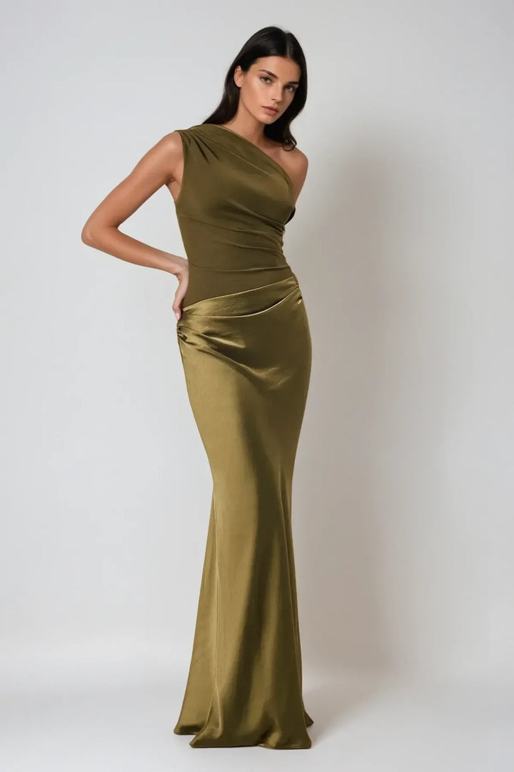 Vestido largo asimétrico de satén para mujer