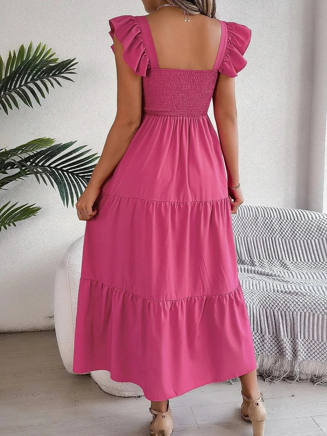 Vestido maxi con volantes y mangas cortas para mujer