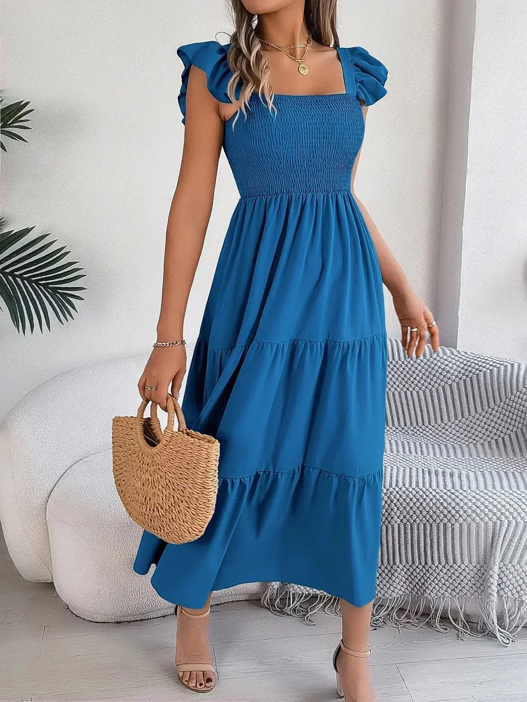 Vestido maxi con volantes y mangas cortas para mujer