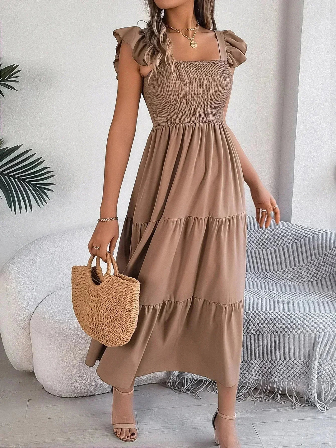 Vestido maxi con volantes y mangas cortas para mujer