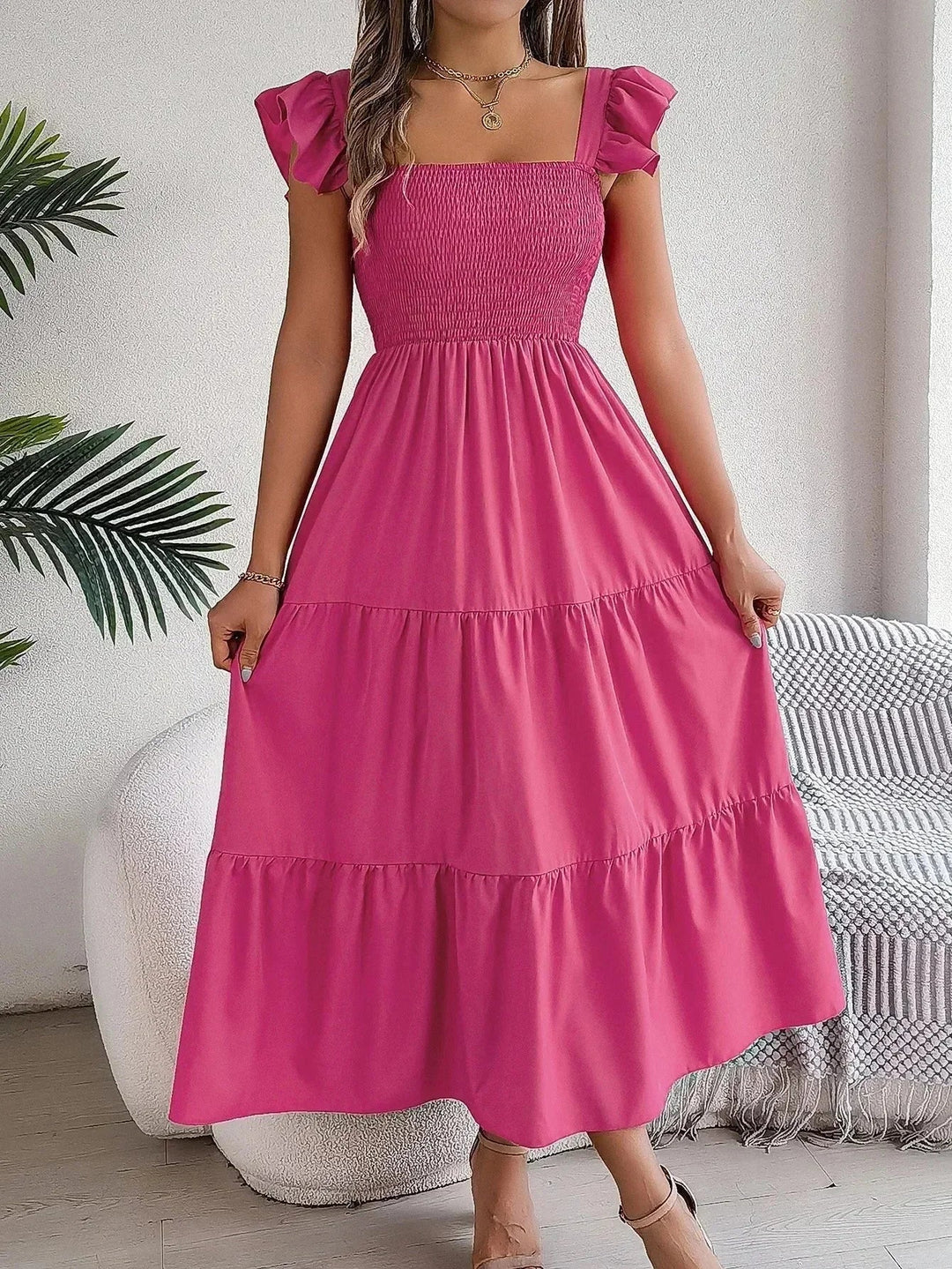 Vestido maxi con volantes y mangas cortas para mujer