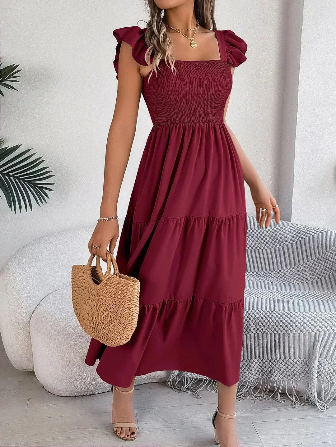 Vestido maxi con volantes y mangas cortas para mujer