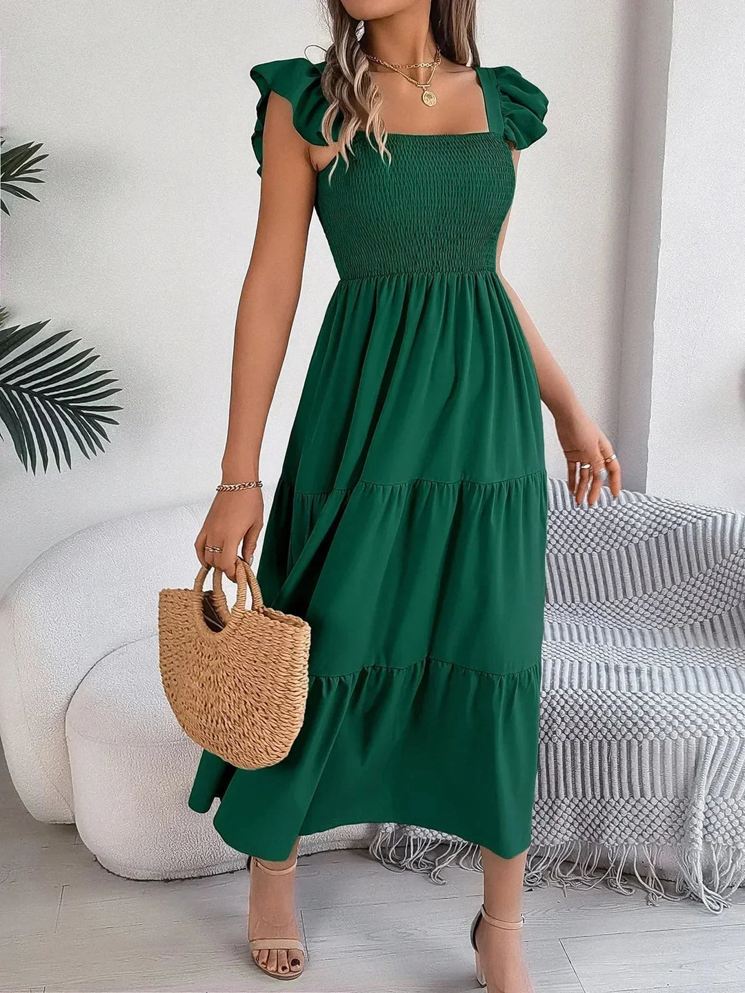 Vestido maxi con volantes y mangas cortas para mujer