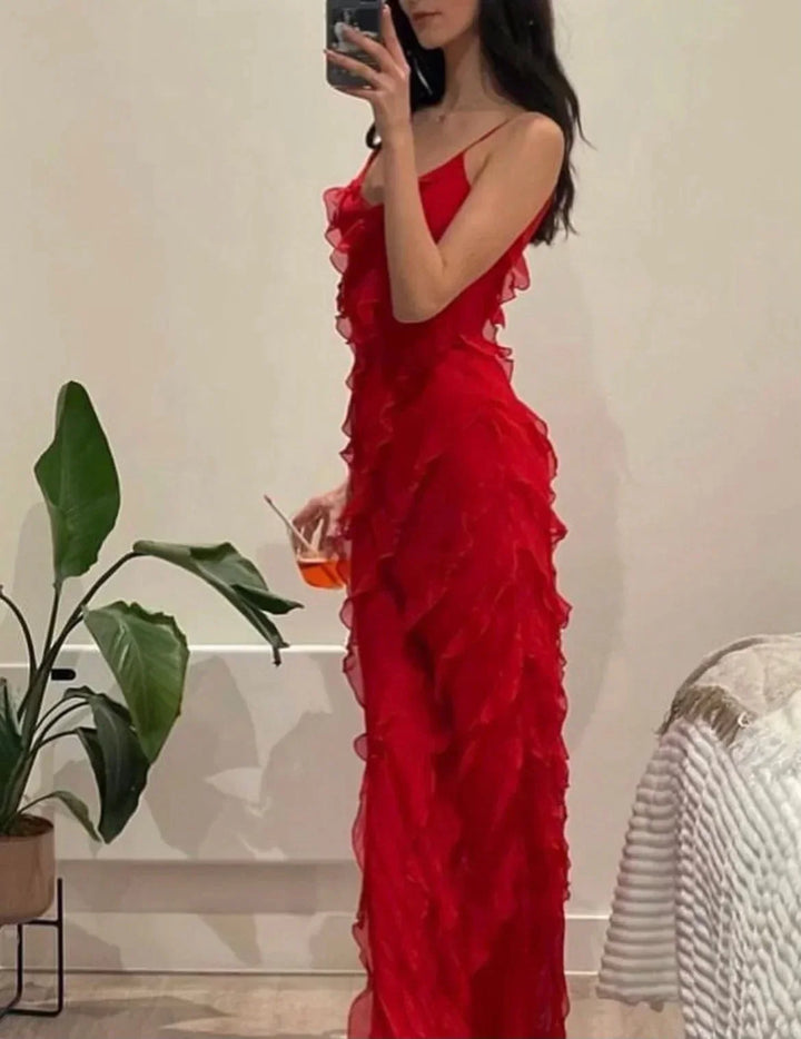 Vestido largo de noche para mujer con tirantes y volantes