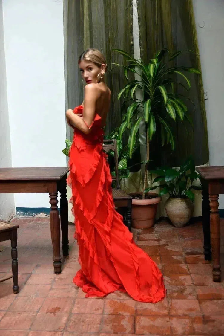Vestido largo de noche para mujer con tirantes y volantes
