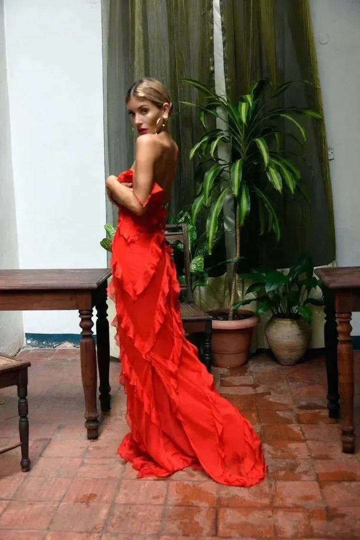 Vestido largo de noche para mujer con tirantes y volantes