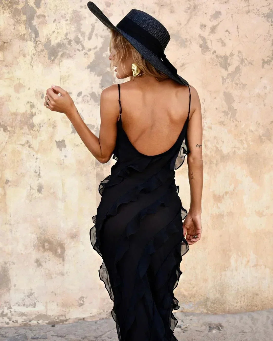 Vestido largo de noche para mujer con tirantes y volantes