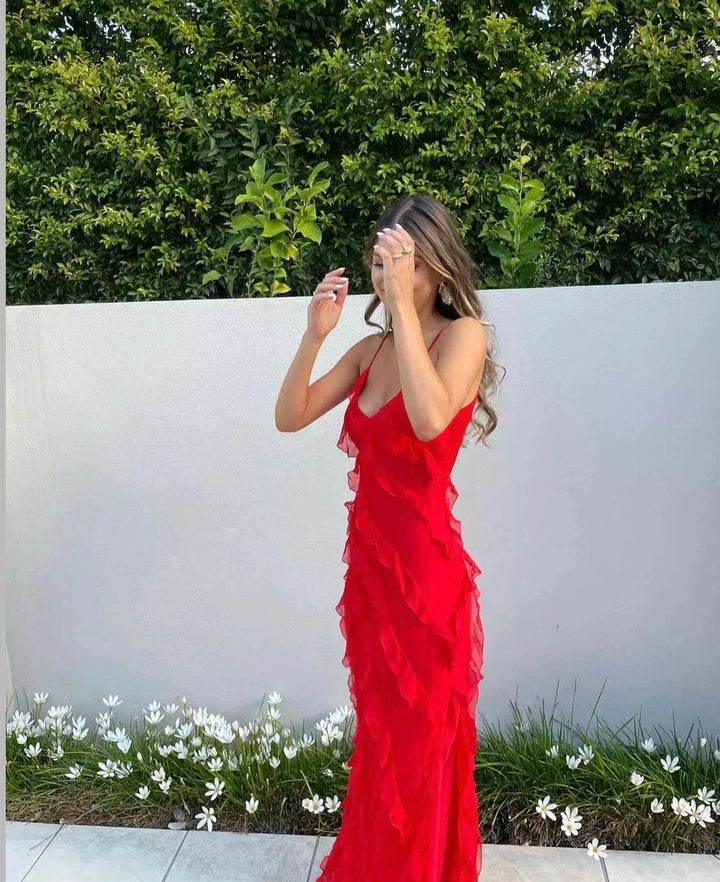 Vestido largo de noche para mujer con tirantes y volantes