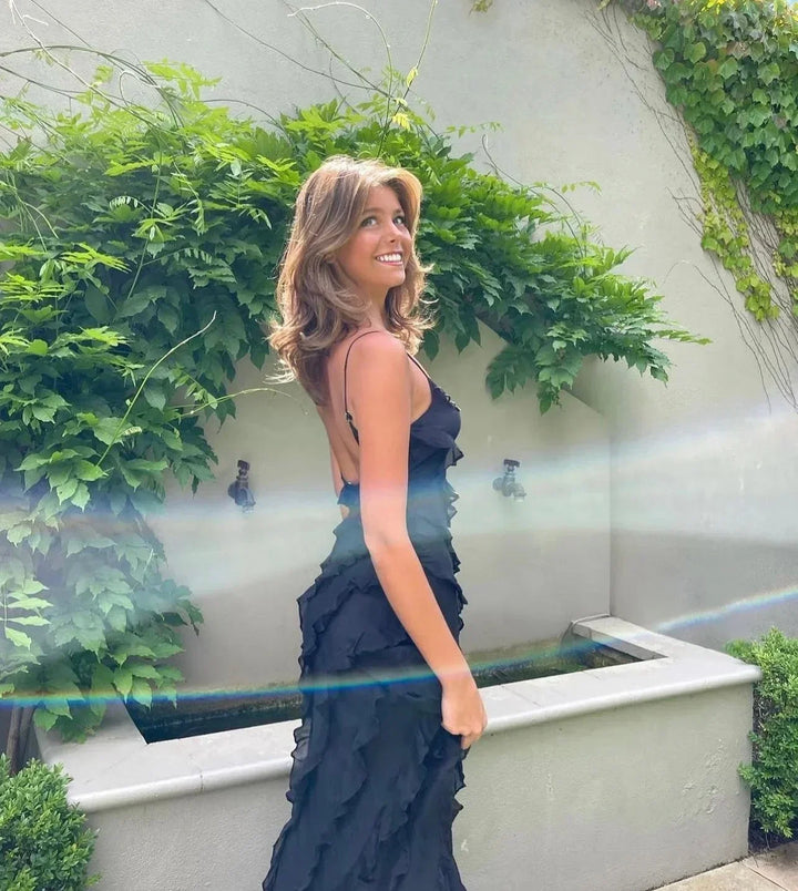 Vestido largo de noche para mujer con tirantes y volantes