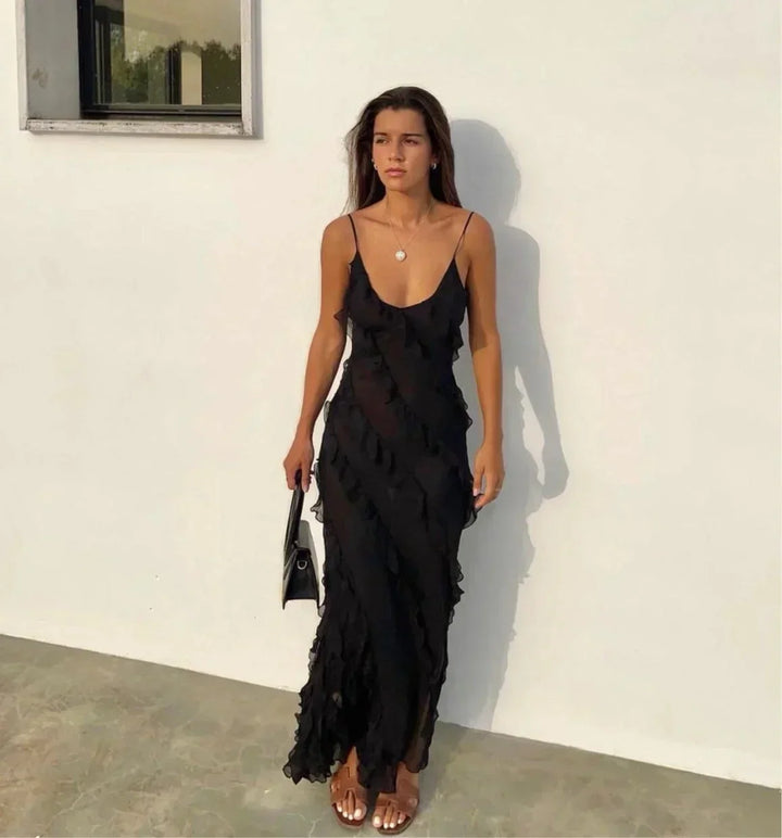 Vestido largo de noche para mujer con tirantes y volantes