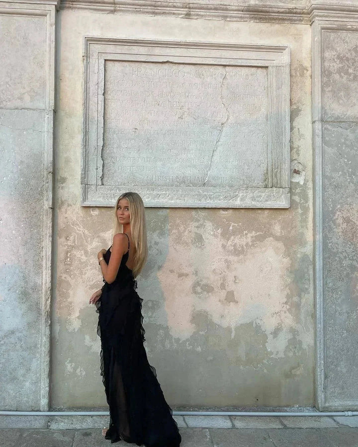 Vestido largo de noche para mujer con tirantes y volantes