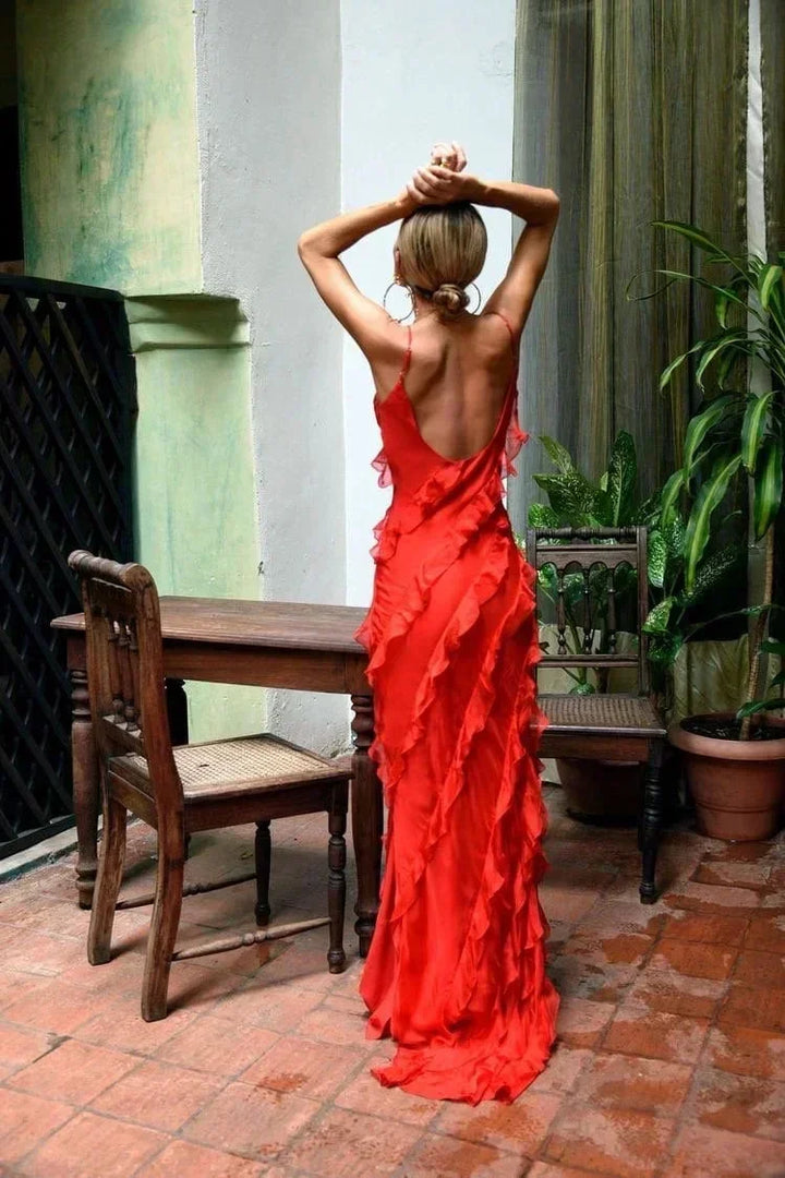 Vestido largo de noche para mujer con tirantes y volantes