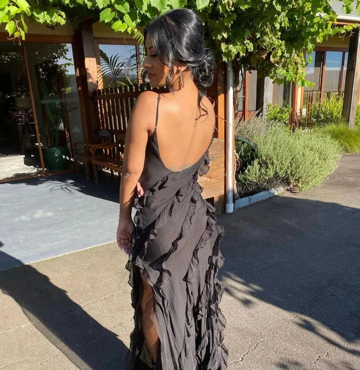 Vestido largo de noche para mujer con tirantes y volantes