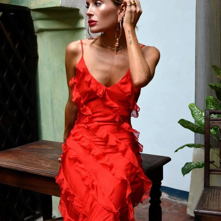 Vestido largo de noche para mujer con tirantes y volantes