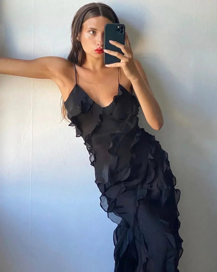Vestido largo de noche para mujer con tirantes y volantes