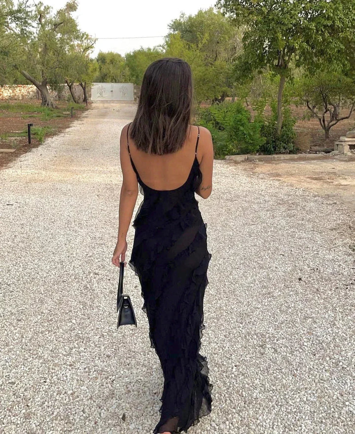 Vestido largo de noche para mujer con tirantes y volantes