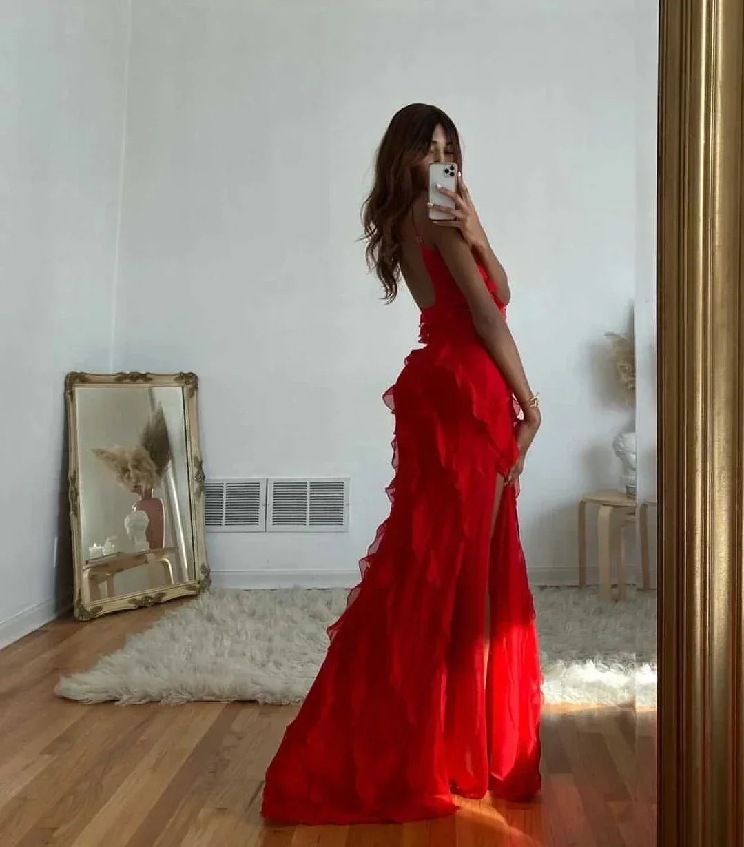 Vestido largo de noche para mujer con tirantes y volantes