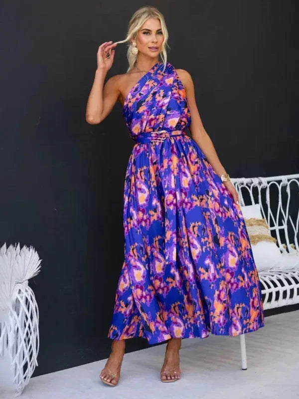 Vestido maxi de una sola manga para mujer con cinturón